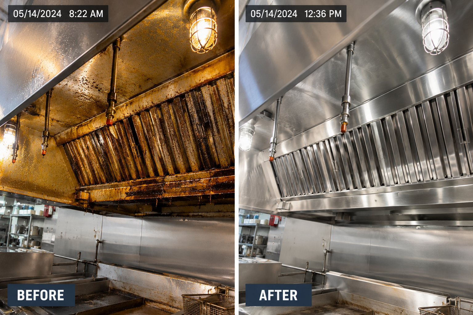 Before and after of a restaurant hood over a cooking line, heavy grease buildup on the left and a fully cleaned stainless hood on the right