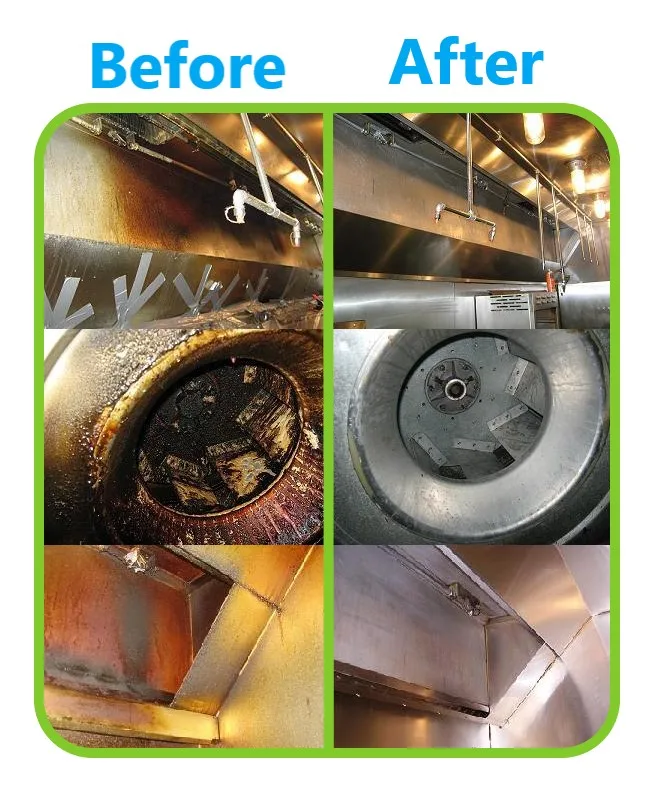 Before and after comparison of a grease coated exhaust fan and hood interior next to the same components after cleaning