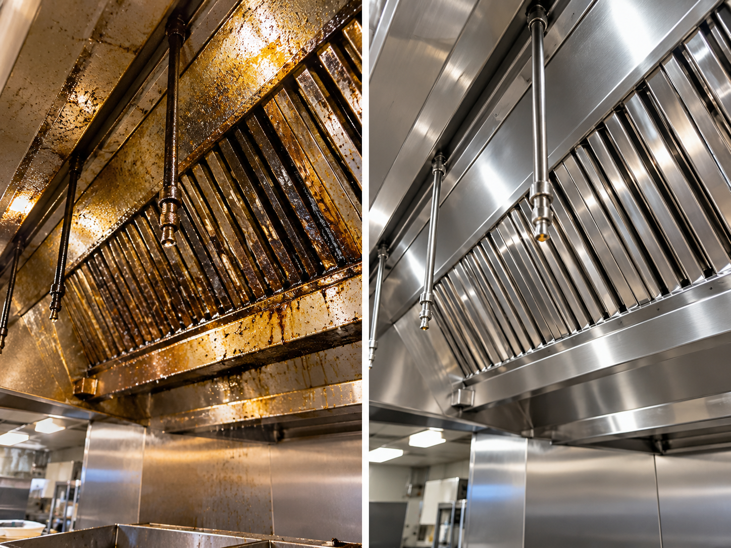 Before and after of grease caked hood baffle filters and fire suppression nozzles next to the same filters polished to bare stainless steel