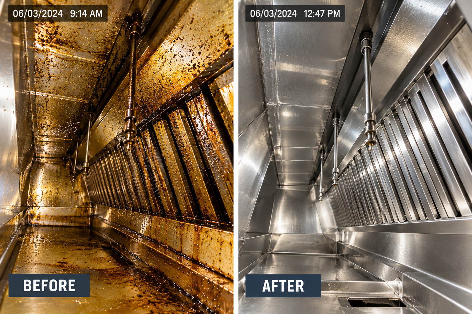 Before and after inside a commercial exhaust duct, grease coated interior on the left and clean bare metal on the right, photographed the same day