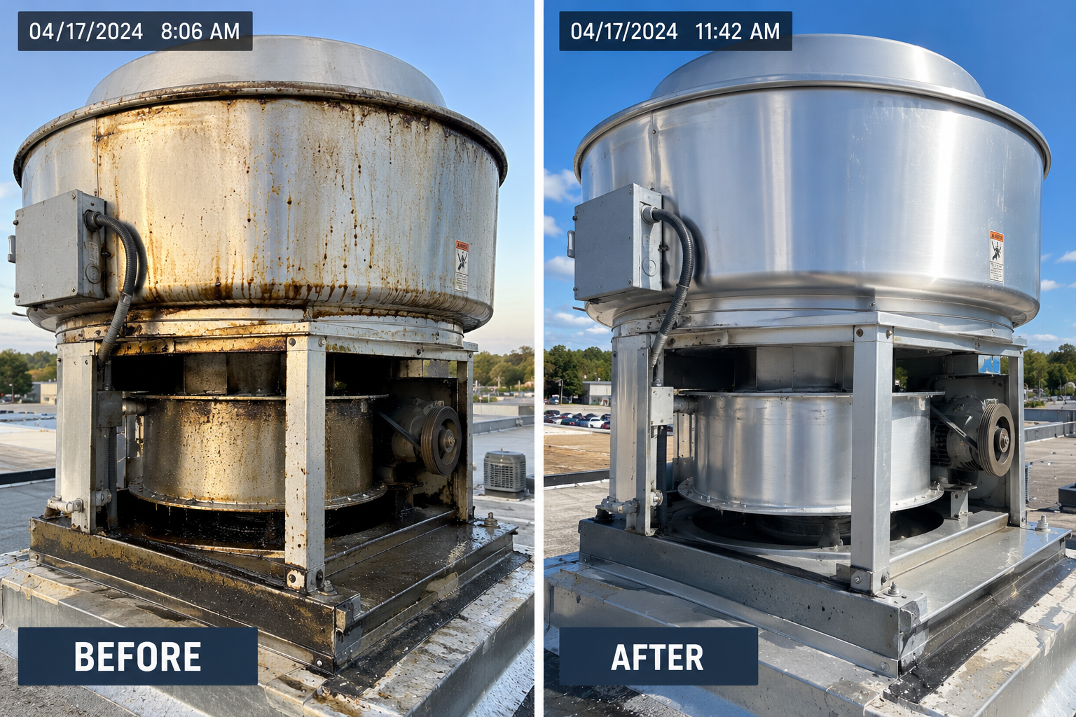 Before and after of a rooftop upblast exhaust fan, grease streaked housing and fan bowl on the left and a cleaned fan on the right